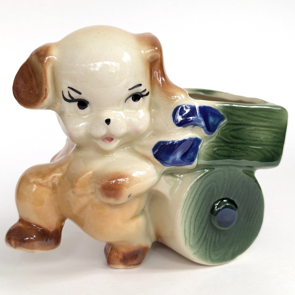 Vintage Dog & Cart Planter Pot- Shawnee? Style Anthropomorphic Kitsch 1950s 60s